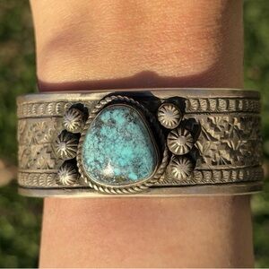 Navajo Native American Sterling Silver Turquoise Cuff Bracelet Maloney
